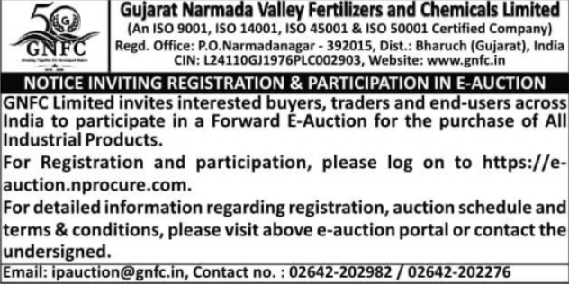 Notice Inviting Registration for Forward E-Auction by GNFC Limited