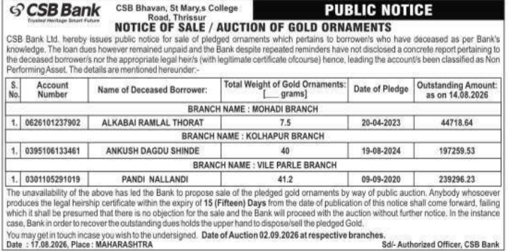 Notice of Sale / Auction of Gold Ornaments by CSB Bank