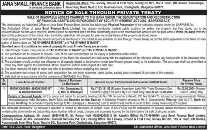Notice of Sale Through Private Treaty: Immovable Assets Disposal Jana Small Finance Bank