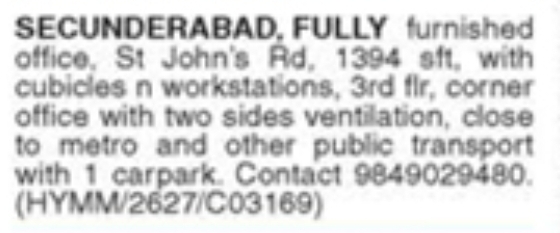 Office for Rent: Furnished Commercial Space at  St. John's Road, Secunderabad