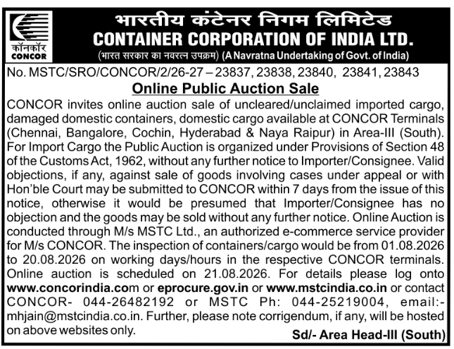 Online Public Auction Sale of Uncleared Cargo by CONCOR