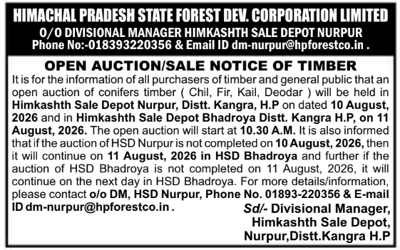 Open Auction and Sale Notice of Timber by HP State Forest Dev Corporation