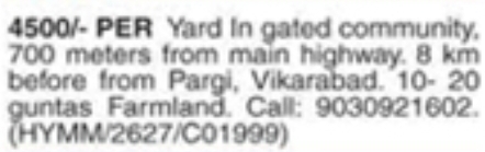 Pargi, Vikarabad: Gated Community Farmland for Sale