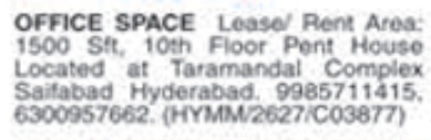 Penthouse Office Space for Lease/Rent: Saifabad, Hyderabad