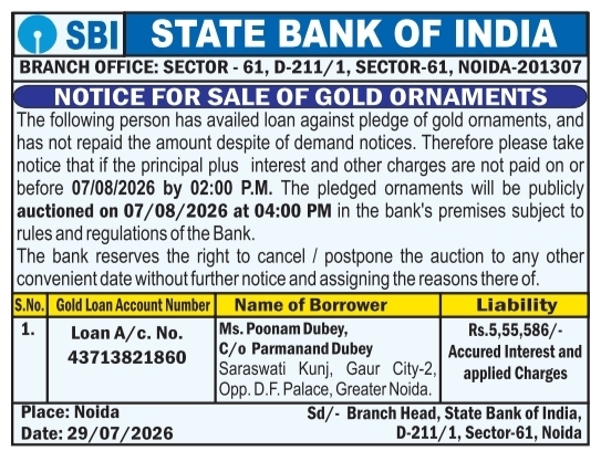 Pledged Gold Ornaments Public Auction Notice by SBI Noida
