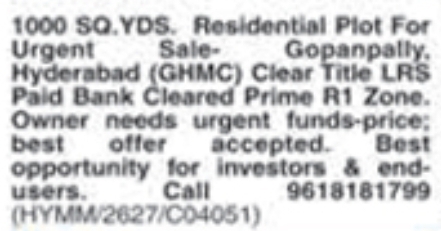 Plot for Sale: Gopanpally, Hyderabad