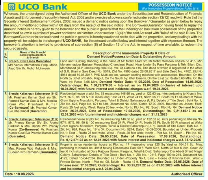 Possession Notice for Immovable Properties by UCO Bank