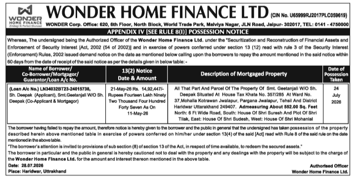 Possession Notice for Immovable Property by Wonder Home Finance