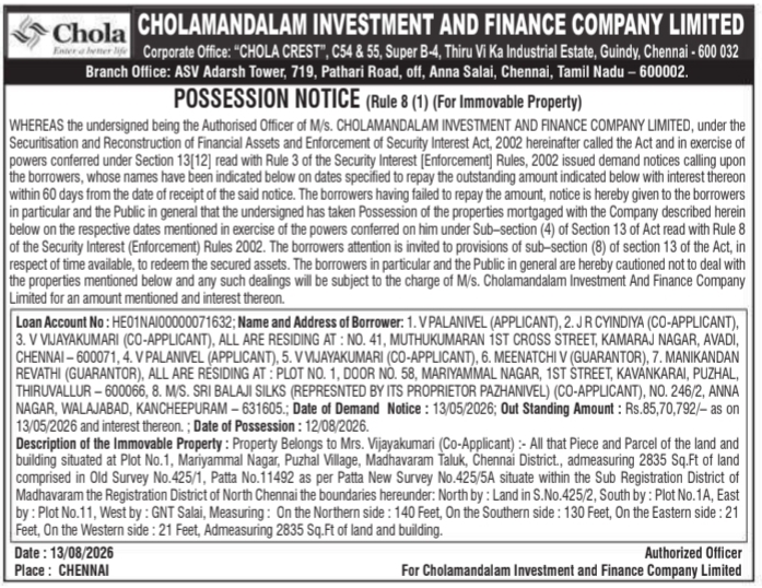 Possession Notice for Madhavaram Land and Building by Cholamandalam Investment and Finance Company Limited