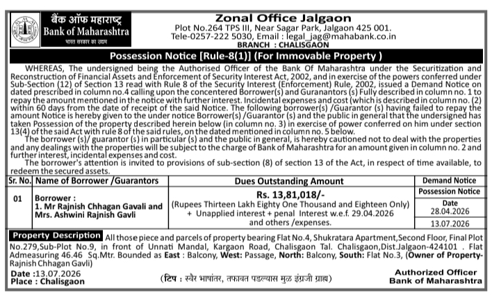 Possession Notice: Immovable Property in Chalisgaon, Jalgaon