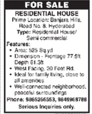 Prime 525 Sq.Yd Residential/Semi-Commercial House for Sale in Banjara Hills