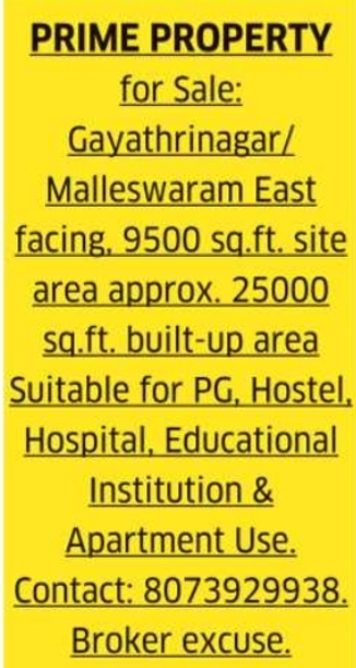 Prime Property for Sale: Gayathrinagar / Malleswaram