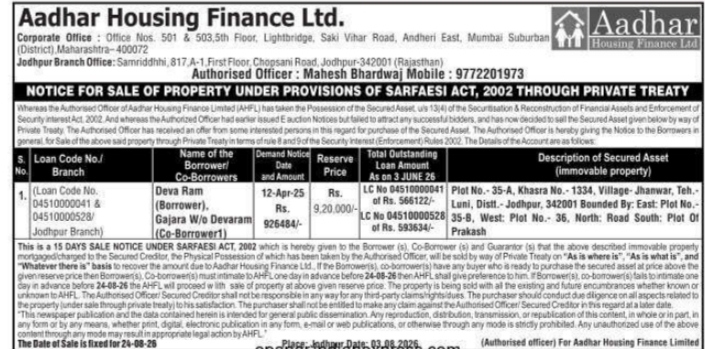Private Treaty Property Sale Notice by Aadhar Housing Finance