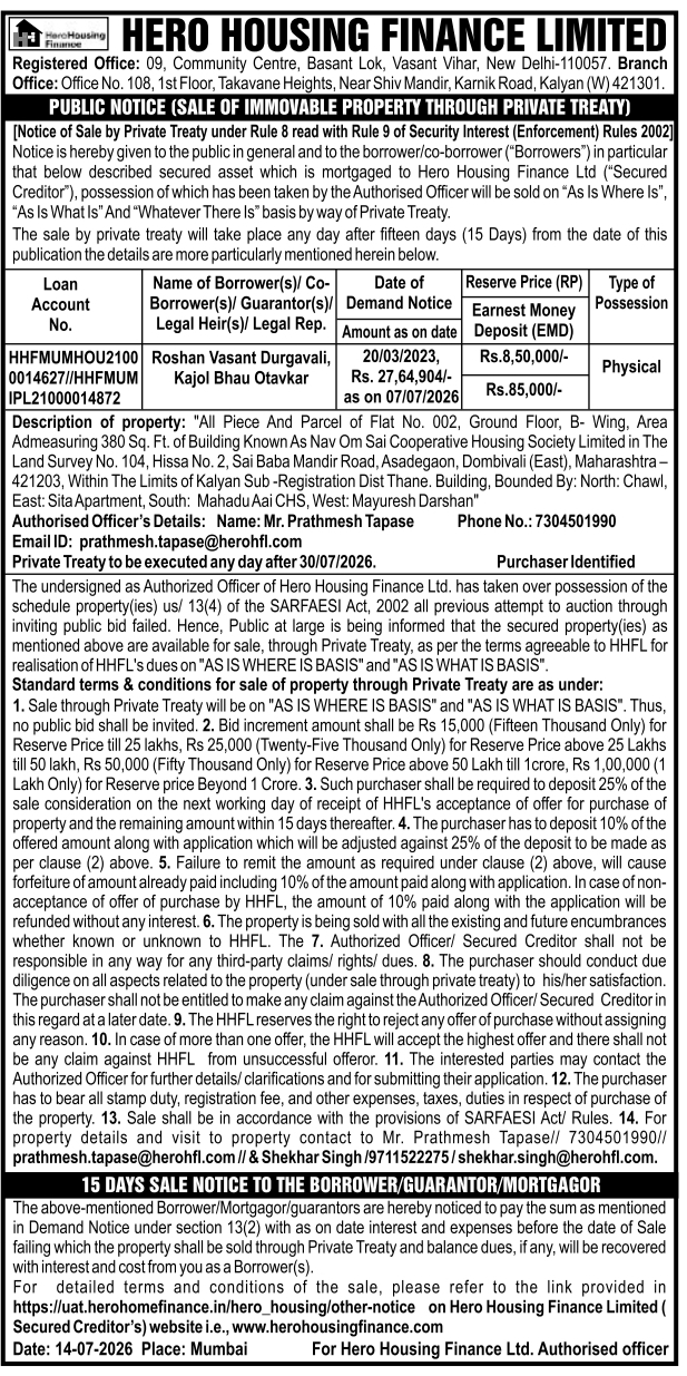 Private Treaty Sale Notice: Residential Flat (Real Estate)