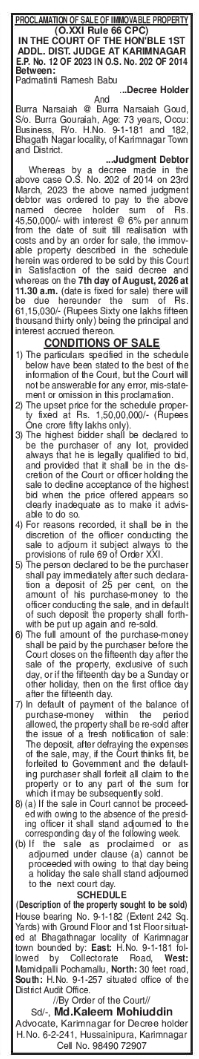 Proclamation of Sale: Court-Ordered Auction of House Property