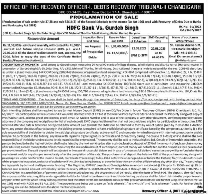 Proclamation of Sale: DRT-II Chandigarh HDFC Bank Vs Gurdeb Singh