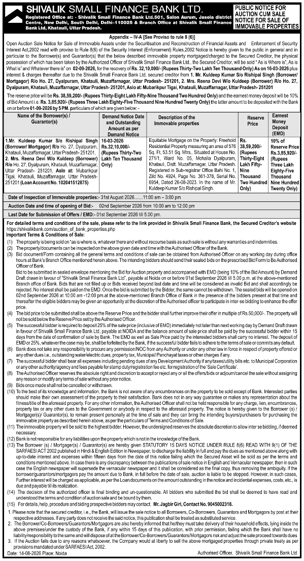Property Auction Cum Sale Notice by Shivalik Small Finance Bank