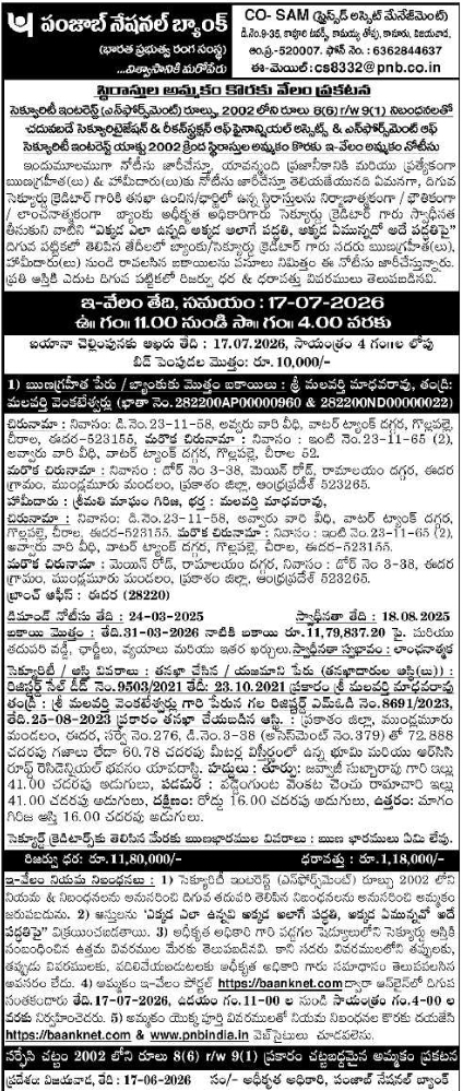 Property e-Auction Notice Punjab National Bank Chirala