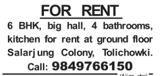 Property for Rent: Large 6 BHK Ground Floor in Tolichowki