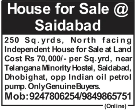 Property for Sale: Independent House at Saidabad