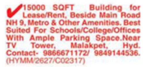 Property Rental: 15000 SQFT Building Near TV Tower Malakpet