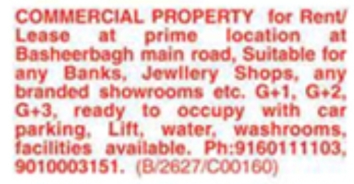 Property Rental: Commercial Showroom Space on Basheerbagh Main Road