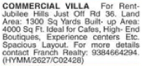 Property Rental: Commercial Villa Just Off Road 36 Jubilee Hills