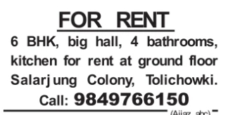 Property Rental: Spacious 6 BHK Ground Floor House in Tolichowki