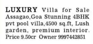 Property Sale: 4BHK Luxury Villa in Assagao, Goa