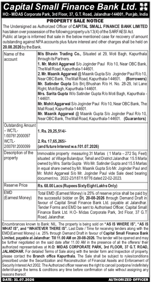 Property Sale Notice via E-Auction (Capital Small Finance Bank)