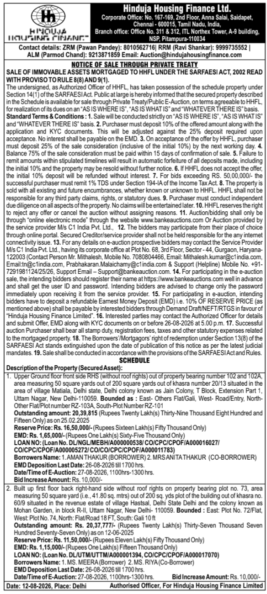 Property Sale Notice via Private Treaty by Hinduja Housing Finance