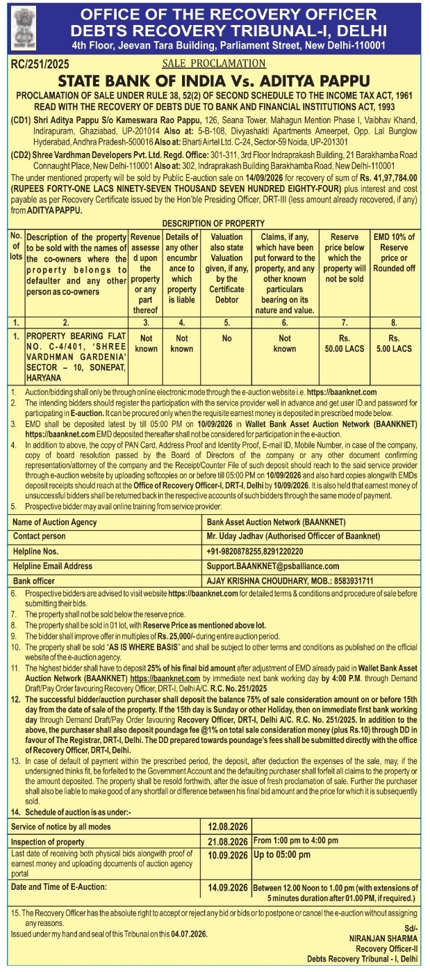 Property Sale Proclamation for SBI Vs Aditya Pappu
