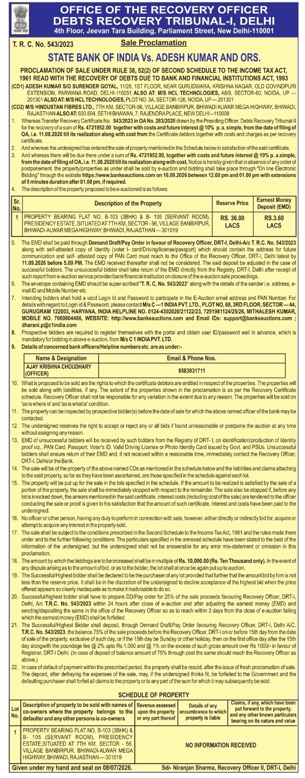Property Sale Proclamation for State Bank of India Vs. Adesh Kumar and Ors.