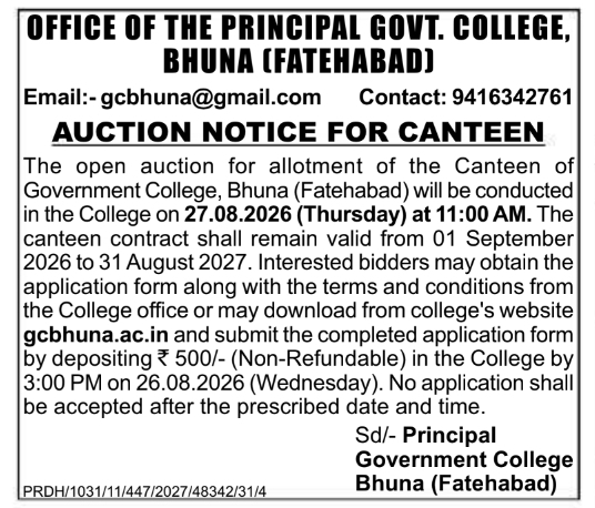 Public Auction Notice for College Canteen Allotment by Government College
