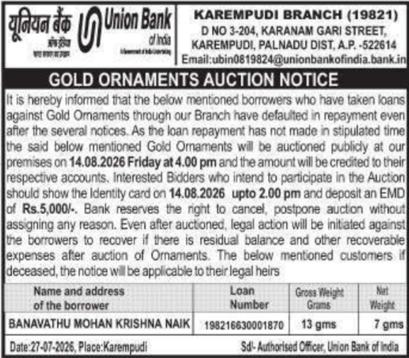 Public Auction of Gold Ornaments by Union Bank of India