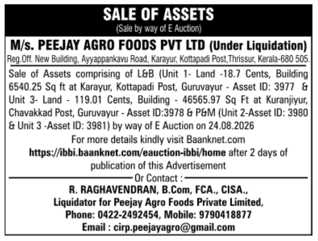 Public Auction: Sale of Assets of Peejay Agro Foods Pvt Ltd