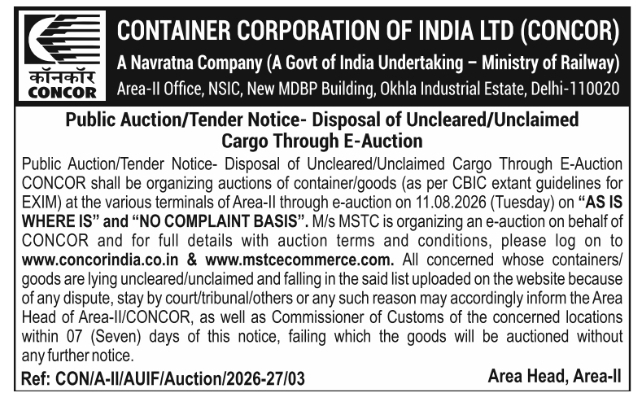 Public E-Auction Notice for Uncleared Cargo by CONCOR