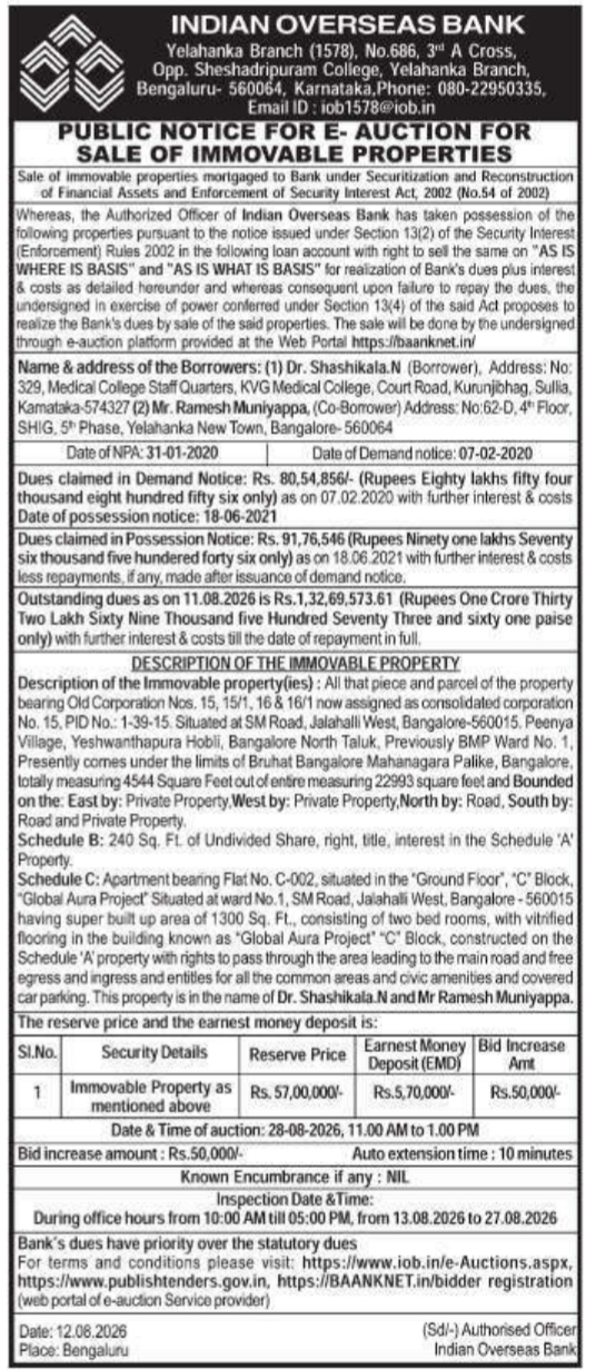Public E-Auction Property Sale Notice by Indian Overseas Bank