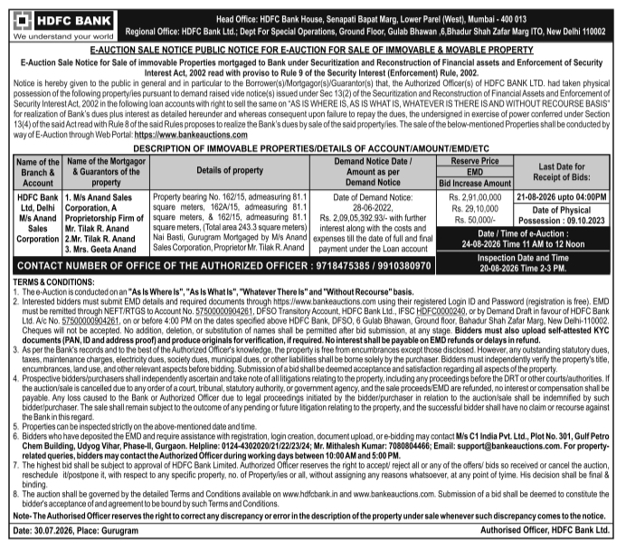 Public E-Auction Sale Notice by HDFC Bank