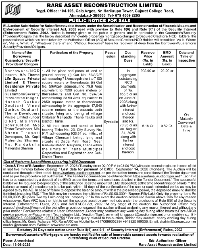 Public E-Auction Sale Notice by Rare Asset Reconstruction Limited