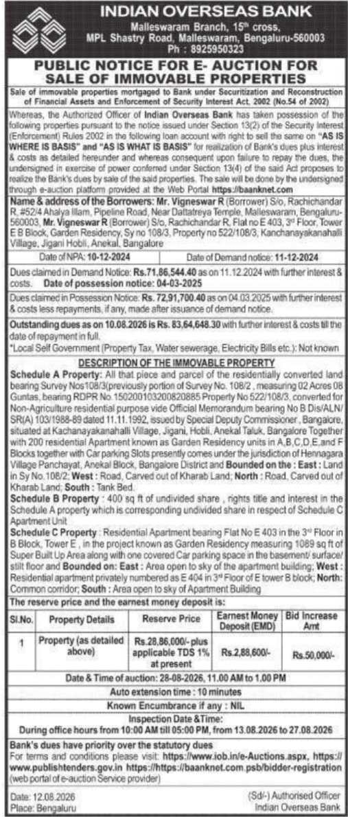 Public E-Auction Sale Notice for Immovable Asset by Indian Overseas Bank