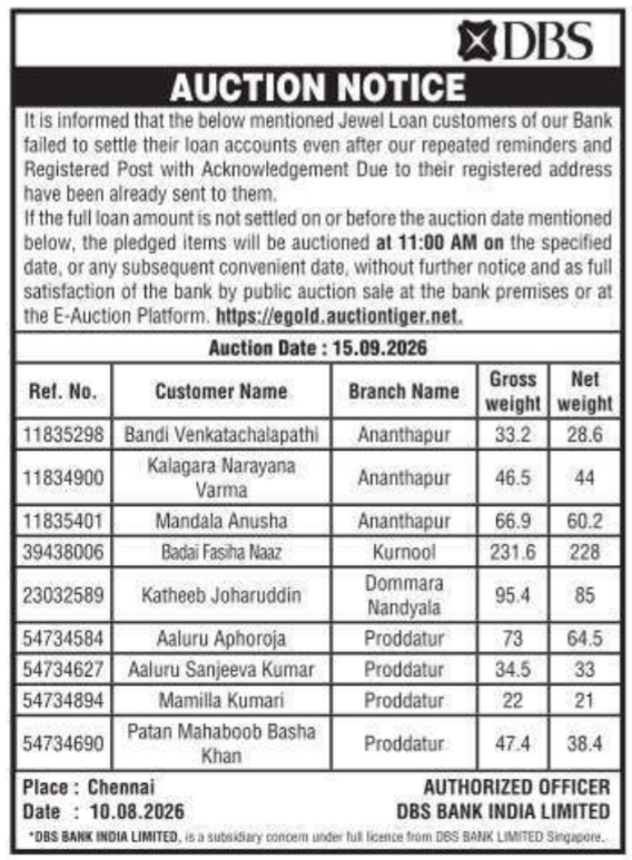 Public Jewel Loan Auction Notice by DBS Bank