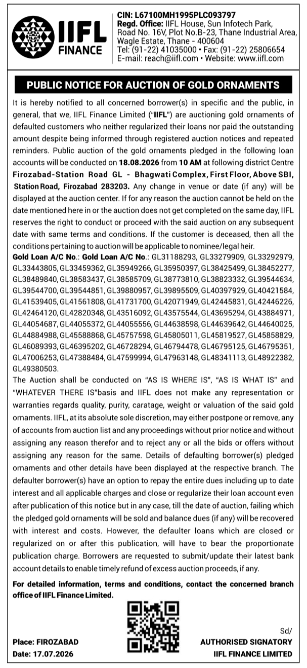 Public Notice: Auction of Gold Ornaments