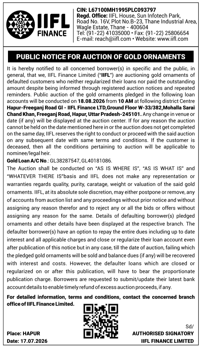 Public Notice: Auction of Gold Ornaments
