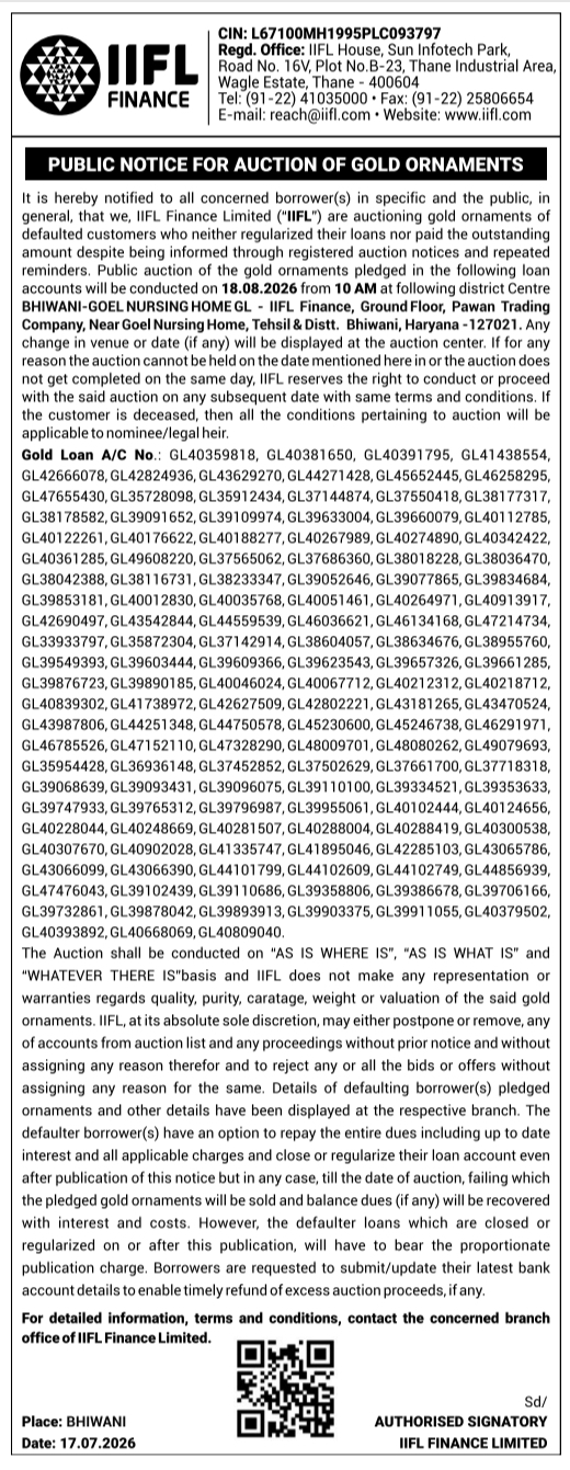 Public Notice: Auction of Gold Ornaments
