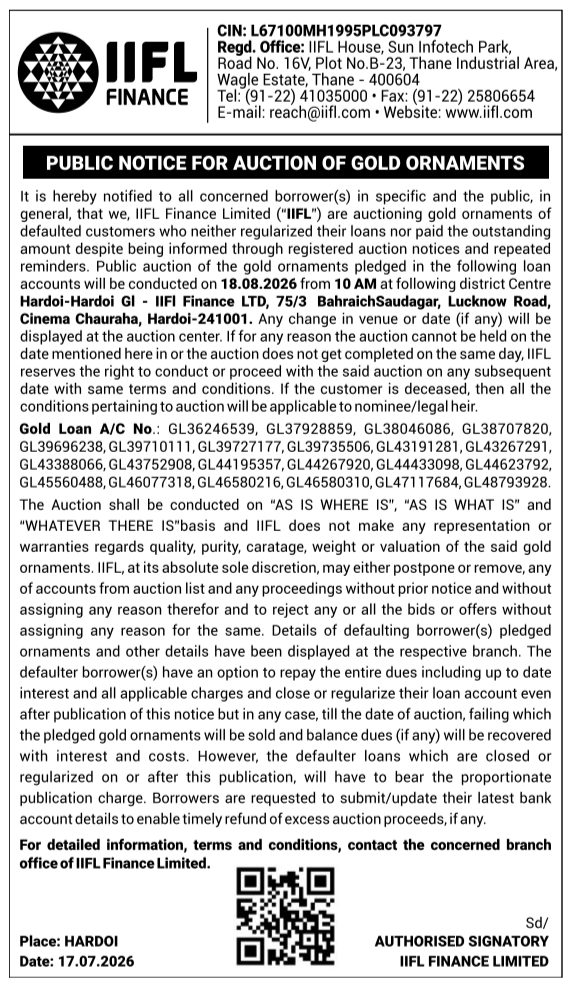 Public Notice: Auction of Gold Ornaments