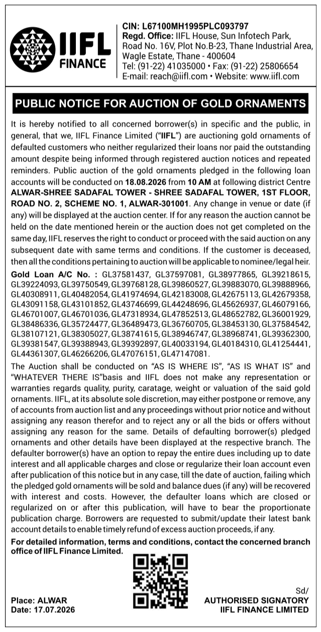Public Notice: Auction of Gold Ornaments