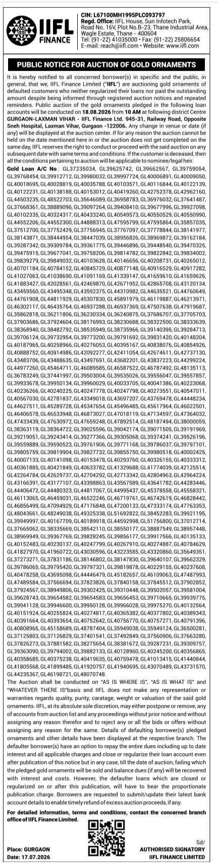 Public Notice: Auction of Gold Ornaments