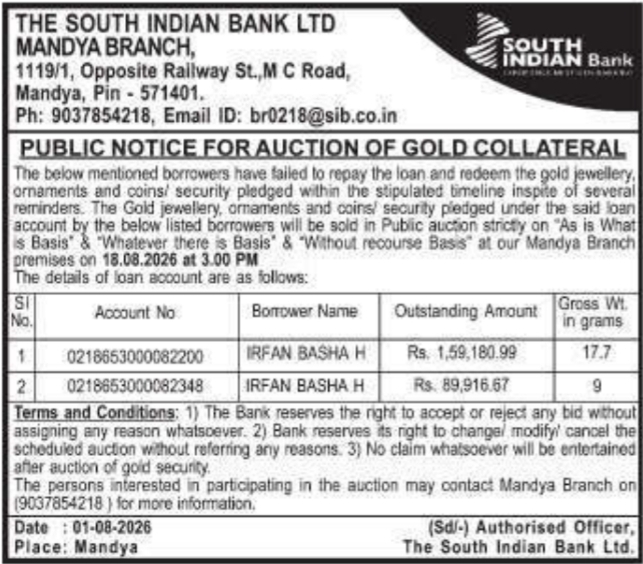 Public Notice for Auction of Gold Collateral