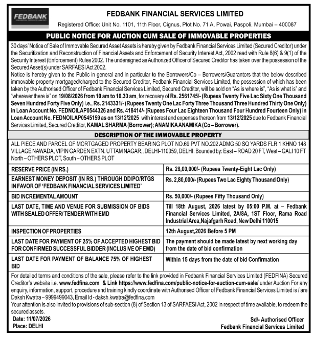 Public Notice for Auction Sale: Fedbank Financial Services Ltd.